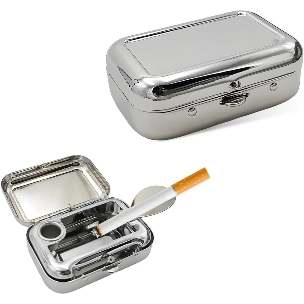 Mini Portable Ashtrays, Metal Pocket Dustproof Car Ash Tray with Lid, Compact Square Windproof Car Cigar Ashtrays