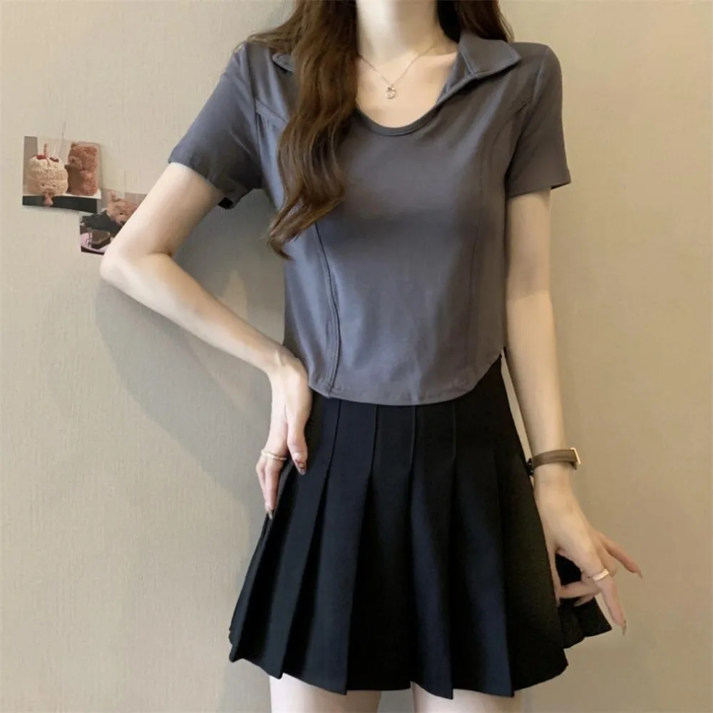 Soft V-neck Short Sleeve T Shirt Slim Fit Pullover Y2k Crop Tops Women Chic All-match V Neck Blouses Woman