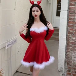 Christmas Dress Women Party Night New Year Dresses Off Shoulder Midi Dress Red Black Velvet Strap Dress For Women Santa Costume