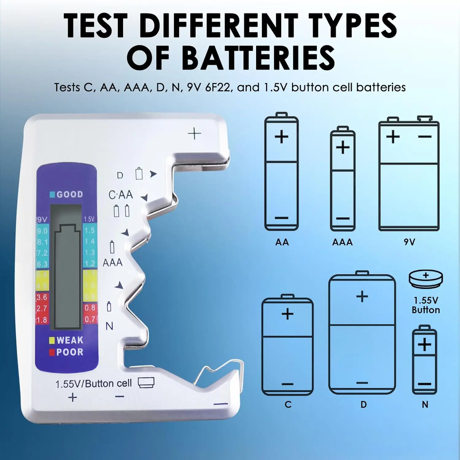 Tester baterii z wyświetlaczem LCD Wielofunkcyjny mały tester baterii do baterii guzikowych C AA AAA D N 9V 6F22 1,5V