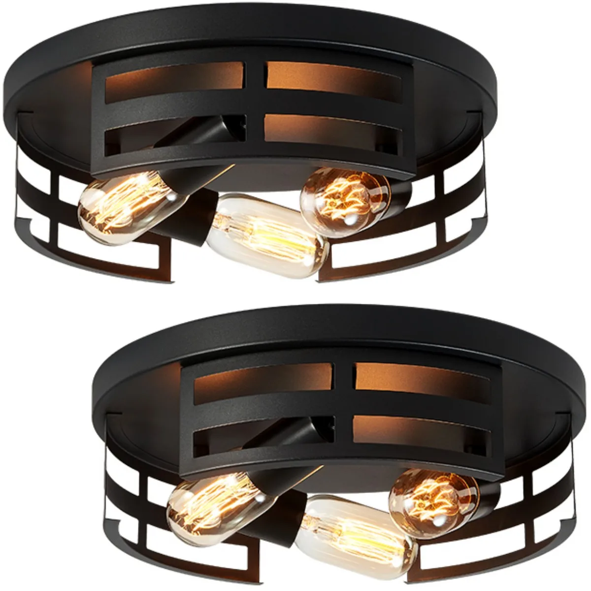 

2 Pack Industrial Black Metal Flush Mount Ceiling Light - Dimmable Vintage Style Fixture for Living Room & Bedroom