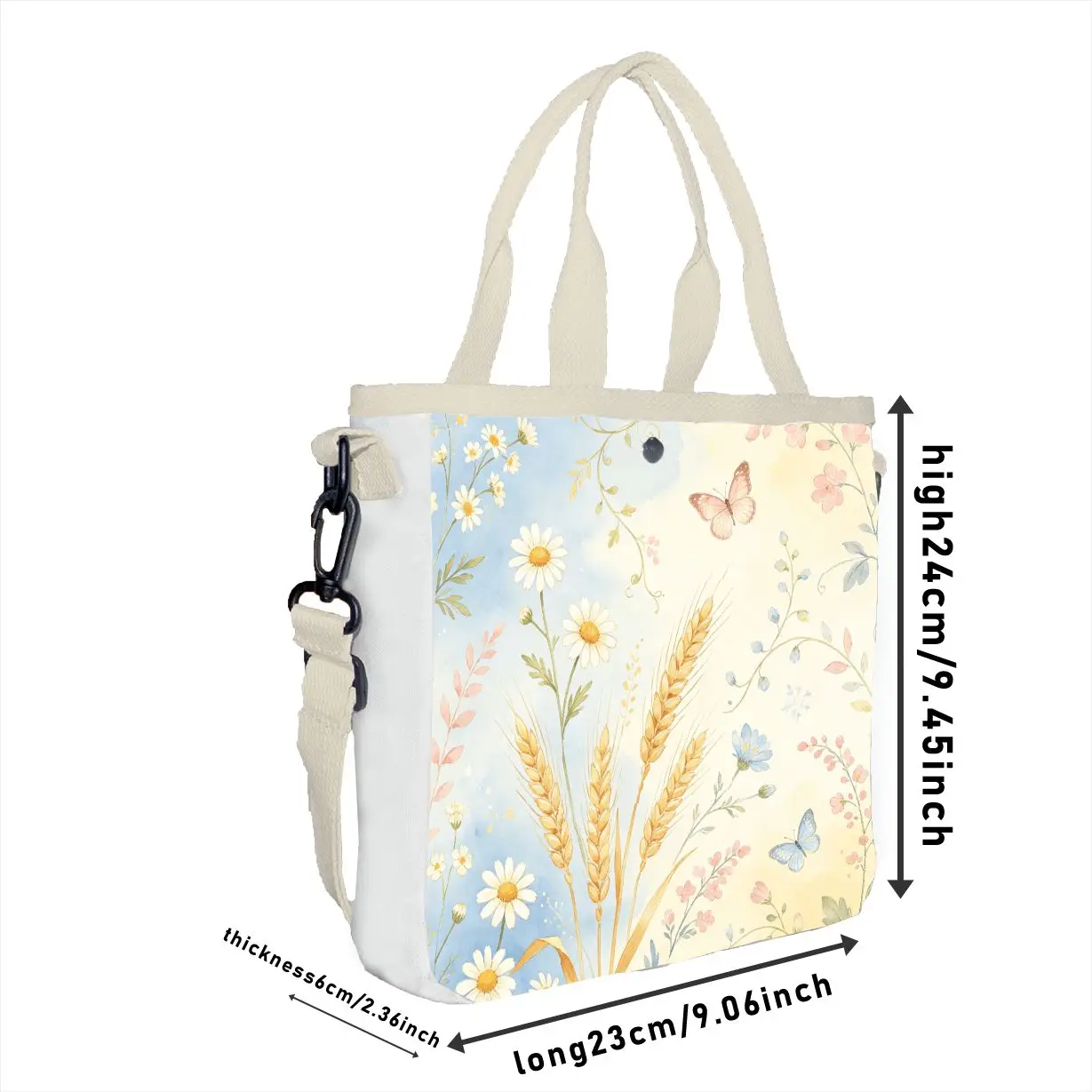 Watercolor Daisy & Wheat Tote Bag, Adjustable Strap Pastel Cottagecore Shoulder Bag
