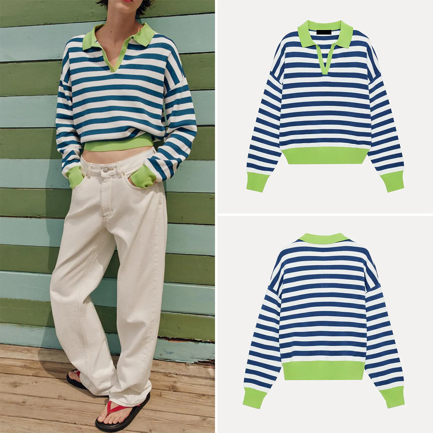 

Fashionable Striped Long Sleeve V-Neck Knit Shirt Women's Summer 2026 New Arrival Loose Fit Daily Wear Non-Brand