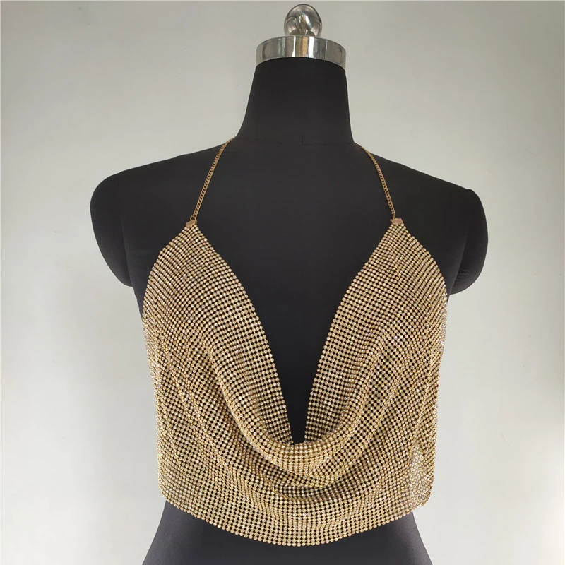 Frauen Sexy Glänzenden Strass Tank Top Tiefem V-ausschnitt Neckholder Metall Körper Kette Crop Top Hemd für Nachtclub Party Rave Outfits 2025 – Detail 5
