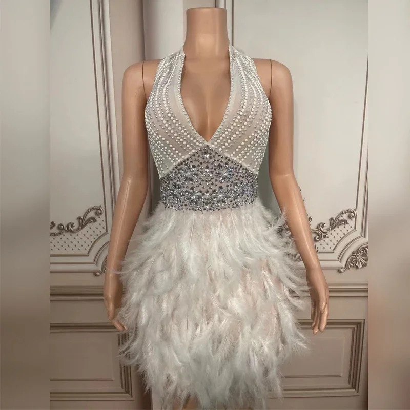 Completo de pérolas strass halter vestido sexy pena branca vestido de baile pólo vestido de dança roupa aniversário celebrar traje xs5263