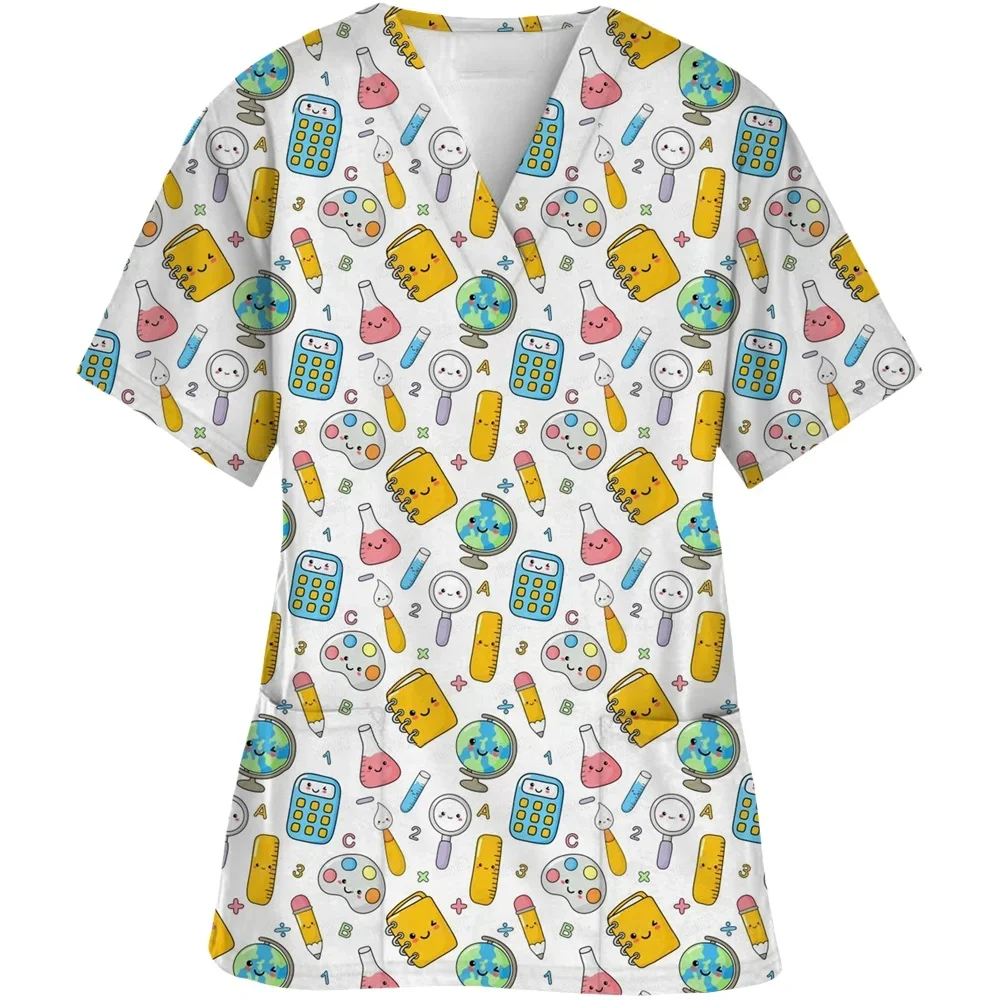 الزي الجراحي امرأة الأسنان ثلاثية الأبعاد طباعة الخامس الرقبة جيب طبيب الأسنان الدعك امرأة الكرتون تي شيرتات قصيرة الاكمام الزي السريري امرأة #6