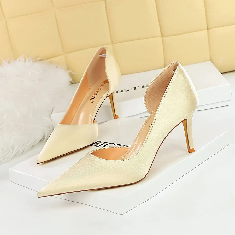 

Women Pumps Shoes Fashion Minimalist Banquet Sexy Side Hollow High Thin Heel Shallow Mouth Pointed Silk Women's Single Shoese