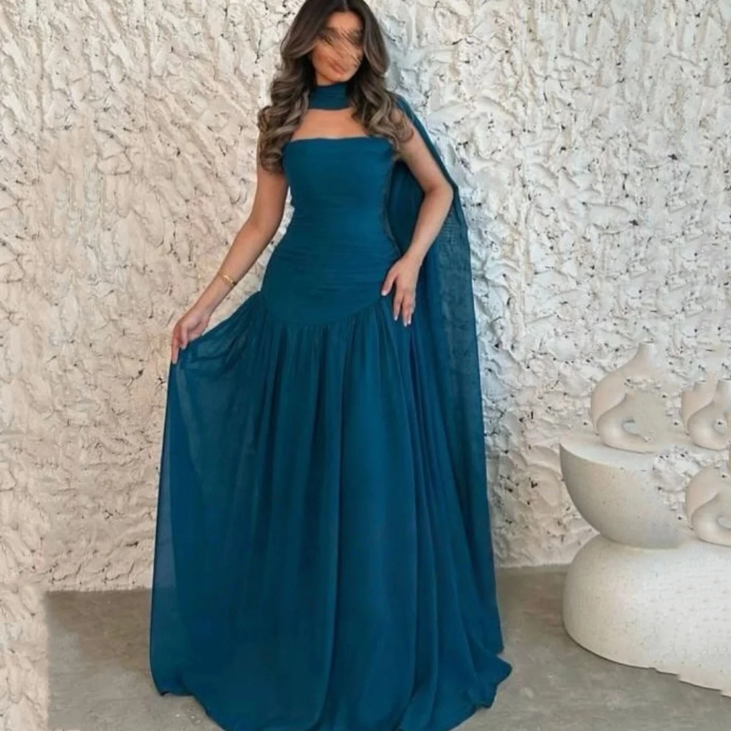 

Teal Strapless Chiffon Long Bespoke Occasion Gown Evening Dresses Prom Pastrol Unisex Jersey Retro Dubai Saudi Arabic Customized