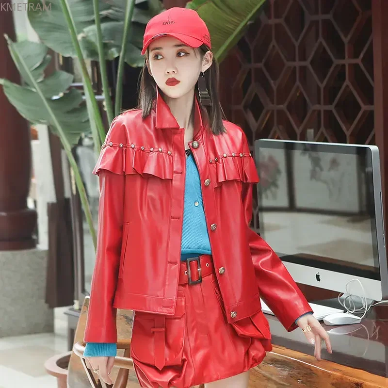 Genuine Leather Jacket Women 2024 Real Sheepskin Coat Ruffles Korean Fashion Leather Jackets Woman Square Collar Leather Coats