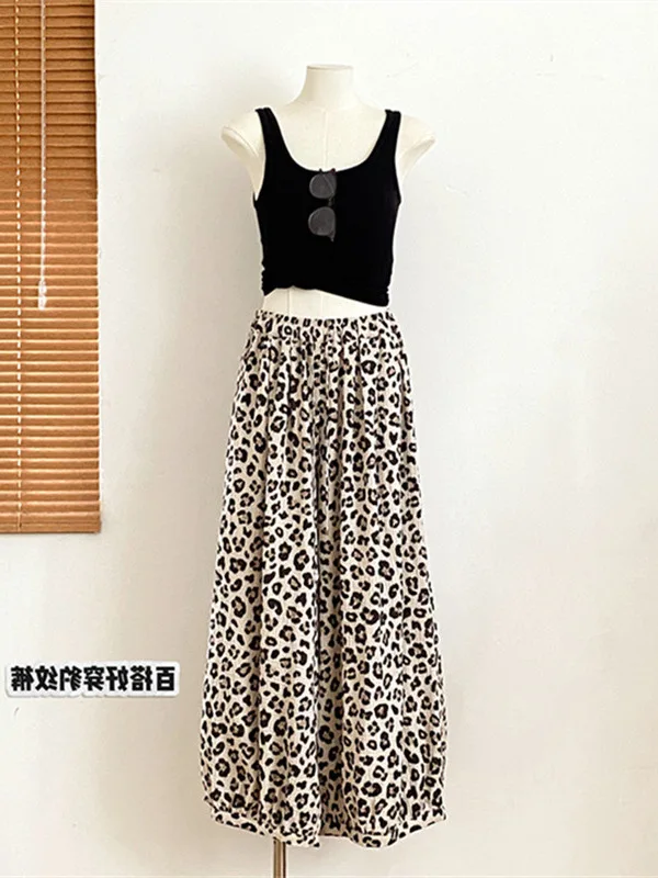 Anneena fil de coton bébé niveau imprimé léopard respirant décontracté anti-moustique ample jambe large pantalon femmes été neuf Points