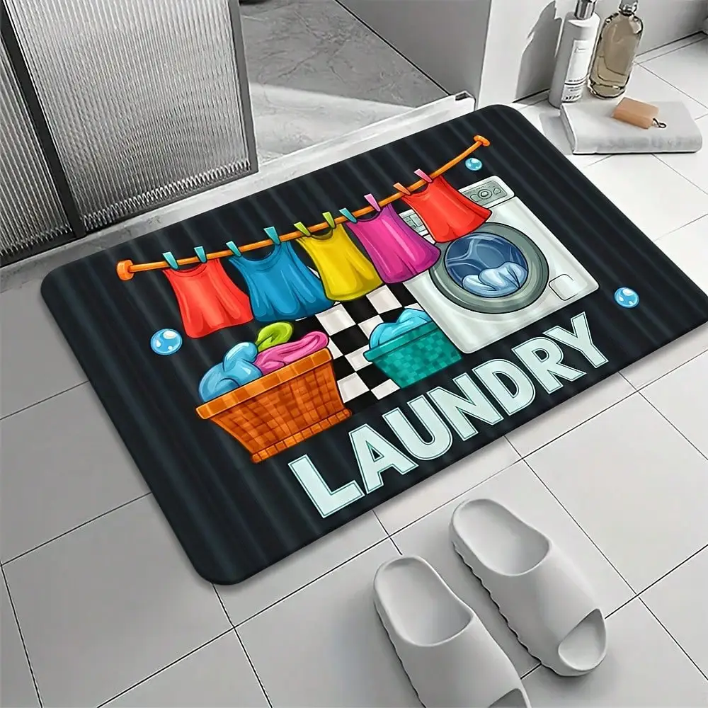 1pc Of Ultra-Soft Flannel Laundry-Themed Non-Slip Mat, Featuring Printed Letters 'LAUNDRY', Machine Washable And Colorfast, Suitable For Living Rooms, Bedrooms