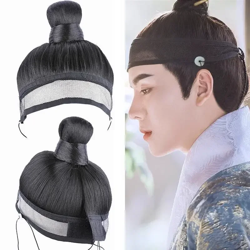 Hanfu Cosplay Wigs Men Black Anime Ancient Chinese Hanfu Wigs Headgear Accessories Hanfu Long Straight Wigs Black Wig Headband