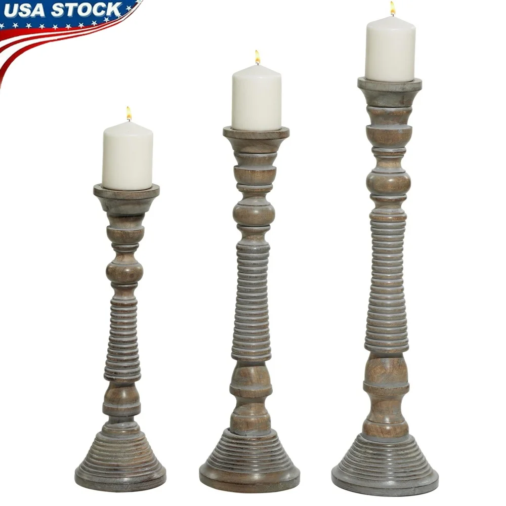 

Handmade Mango Wood Candle Holder Set of 3 Traditional Centerpiece Living Room Dining Table Indoor Decor Unique Gift