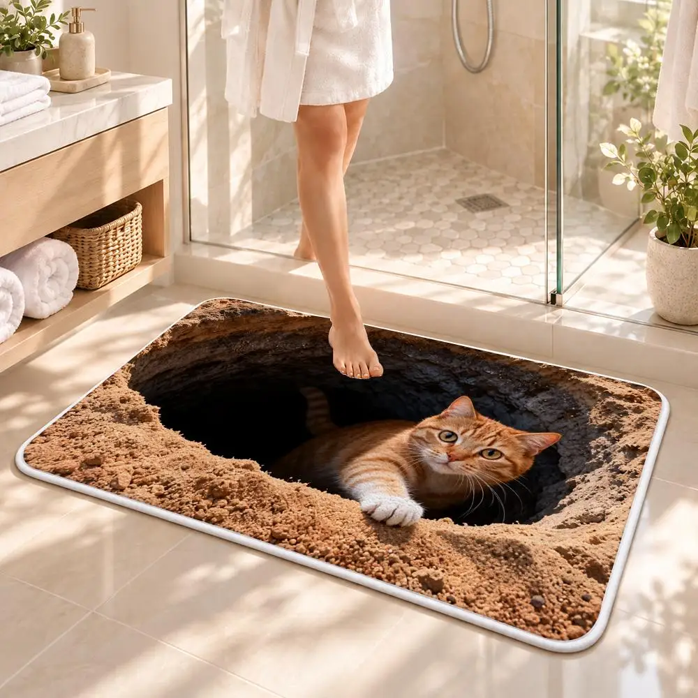 3D Optical Illusion Cat Round Hole Floor Mat Flannel Rug Soft Non Slip Washable Door Mat for Bathroom Bedroom Kitchen Home Decor