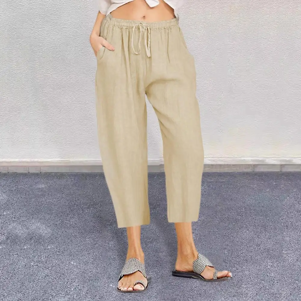 Casual Pants Stylish Women's Summer Cropped Pants with Elastic High Waist Wide Leg Drawstring Trousers for Casual Comfort Loose