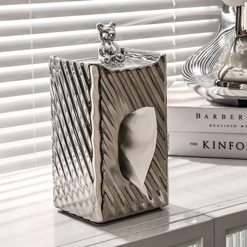 

Light Luxury Striped Bear Tissue Box, Living Room Metal Silver Bear Paper Extraction Box, Household Bathroom Face Cloth Storage