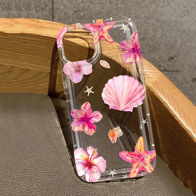 Funda de teléfono con diseño de concha de estrella de mar y flores tropicales rosas, funda de Airbag para iPhone 16 15 14 13 12 11 Pro Max Mini XS X XR 7 8 Plus