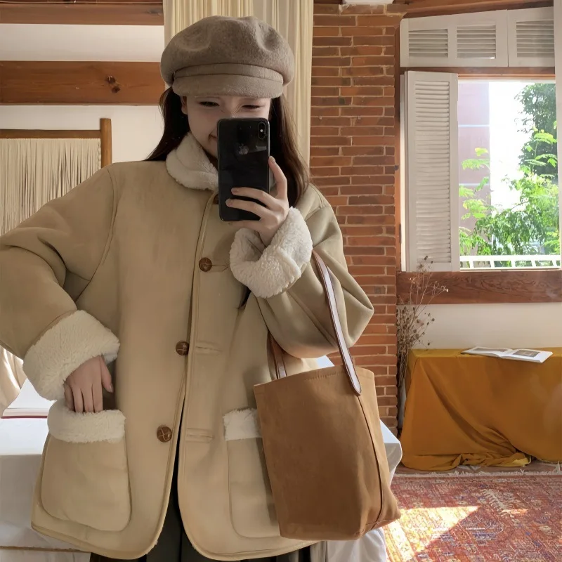 

Women Lamb Wool Coat Jacket Warm Thick Overcoat Single Breasted Turn Down Collar Pockets Outerwear Office Lady Autumn Winter