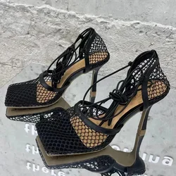 Sexy Mesh Pumps Sandals Female Square Toe High Heel Lace Up Cross-Tied Stiletto Hollow Dress Shoes Zapatos Mujer