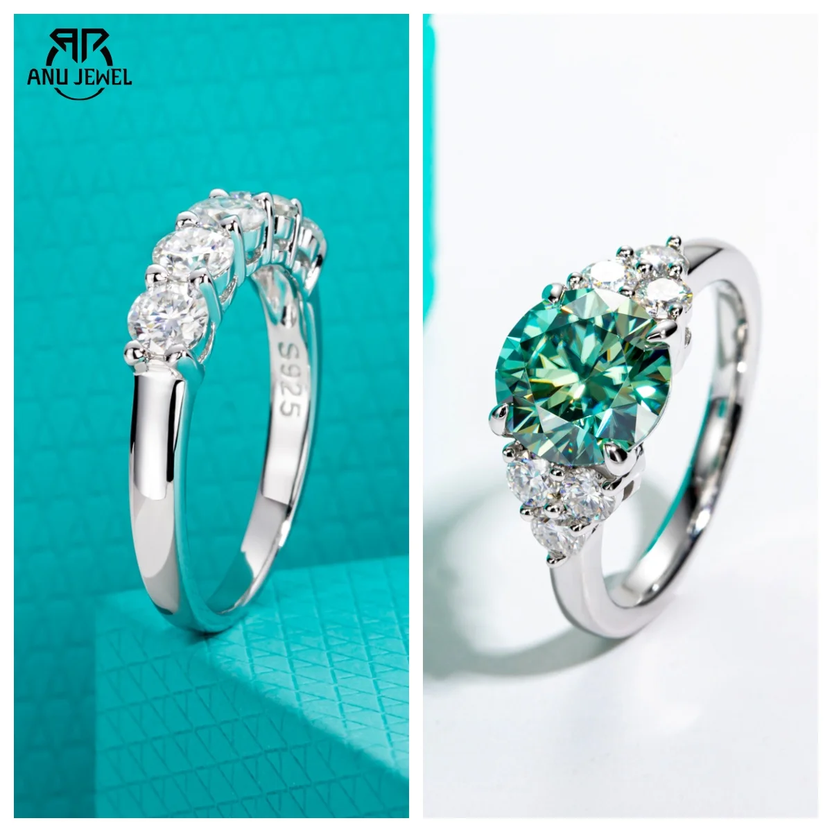 

AnuJewel 3ct Blue Green Moissanite Engagement Ring+4mm Wedding Band Ring