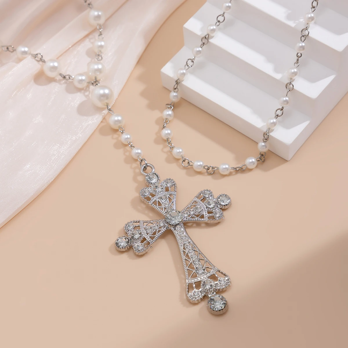 SHIXIN 2Pcs/Set Gothic Large Cross Pendant Necklace for Women Retro Multilayer Imitation Pearl Long Necklace Halloween Jewelry