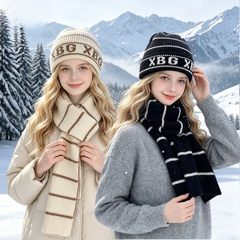 3pc Autumn Winter Knit Beanie for Women Scarf Touchscreen Glove Striped Letter Warm Outdoor Windproof Hats