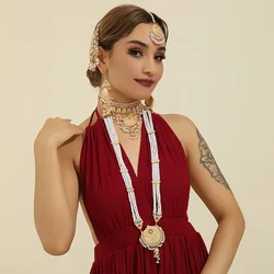 5pcs/Set Luxury  Bollywood Style Hollow Out Metal Handmade Beads Tassels Headwear+Dangle Earrings+Necklace，Jewelry Set For Women