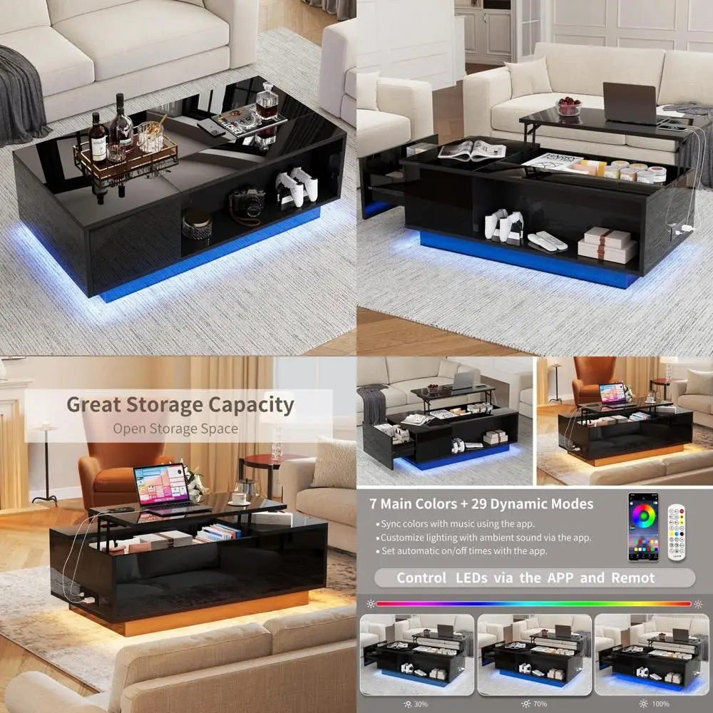 

Modern LED Lift Top Coffee Table - All Black High Gloss Storage with Hidden Drawers