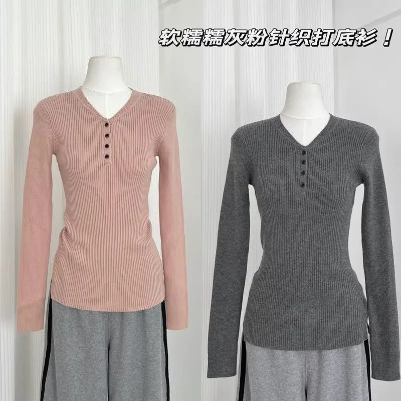 

American V-neck Bottoming Sweater for Women Autumn Winter New German Velvet Inner with Solid Color Long-sleeved Top
