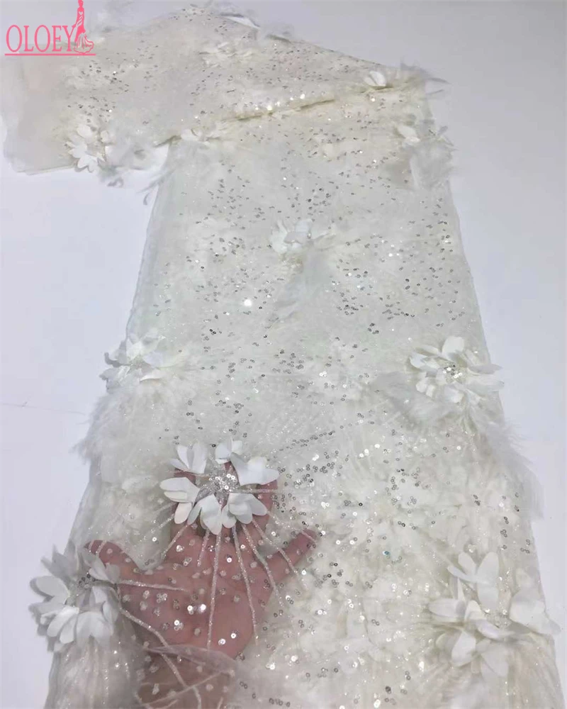 OLOEY Abito da sposa ricamato 3D FLOWER di alta qualità in pizzo con perline in rete di tulle stile francese africano di nuovo design
