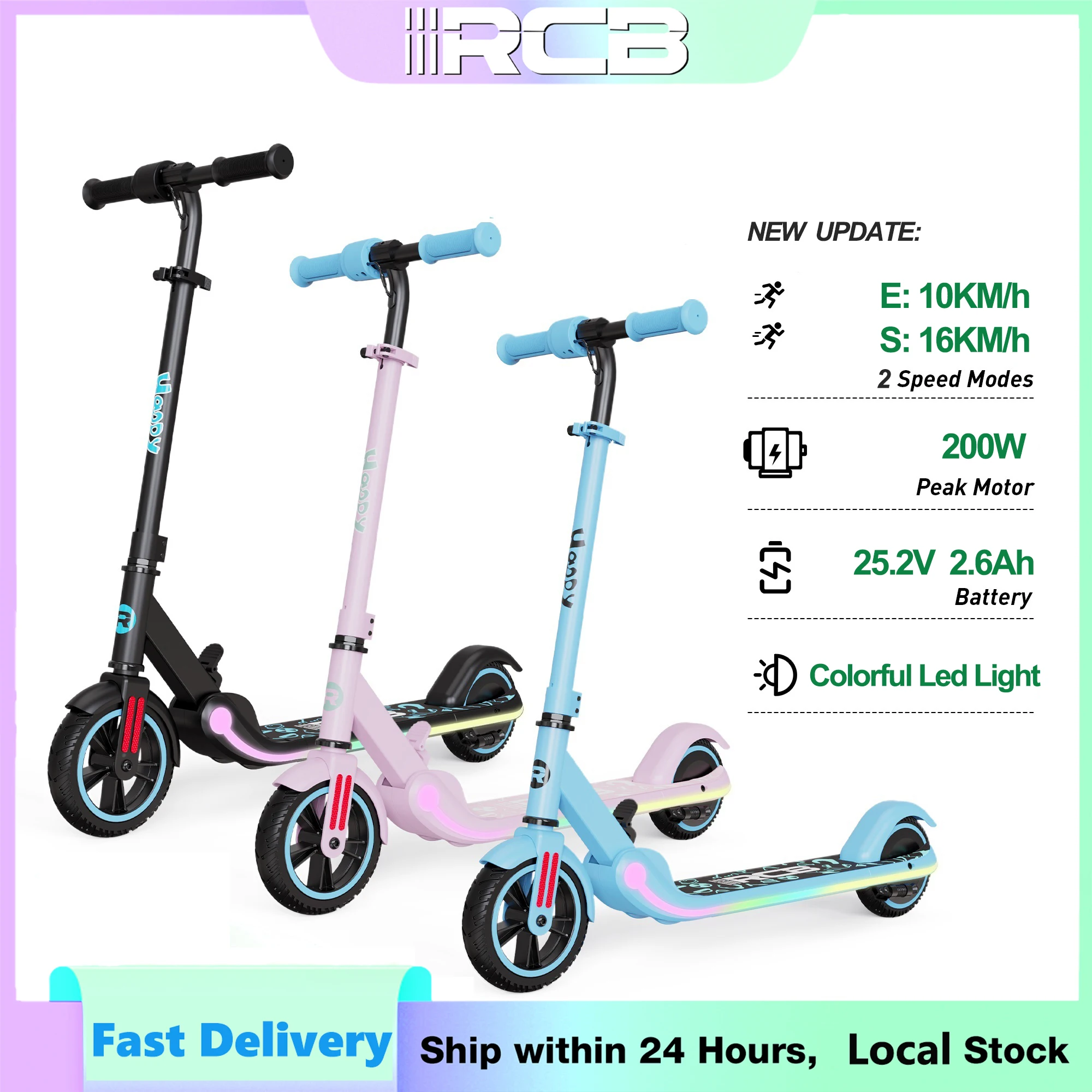 RCB Electric Scooter for Kids 6-12 year, 150W Motor - Max 16 km/h - Colorful LED Lights - Foldable - LED Display - Gift for Kids