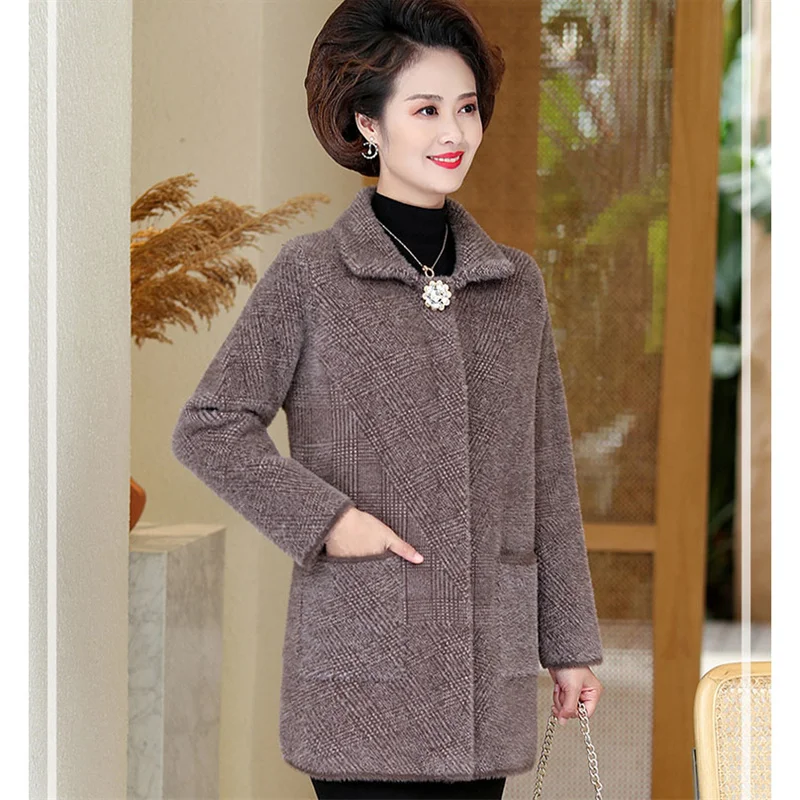 

Middle Aged Elderly Women's Woolen Coat Autumn Winter High End Double-sided Cashmere Wool Jacket Mother Knitted Cardigan Outwear