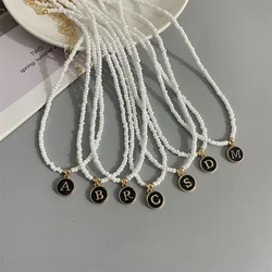 letters initial pendant necklace diy name White Color Seed Bead Necklaces for Women Round Black Letter Woman's Choker jewelry