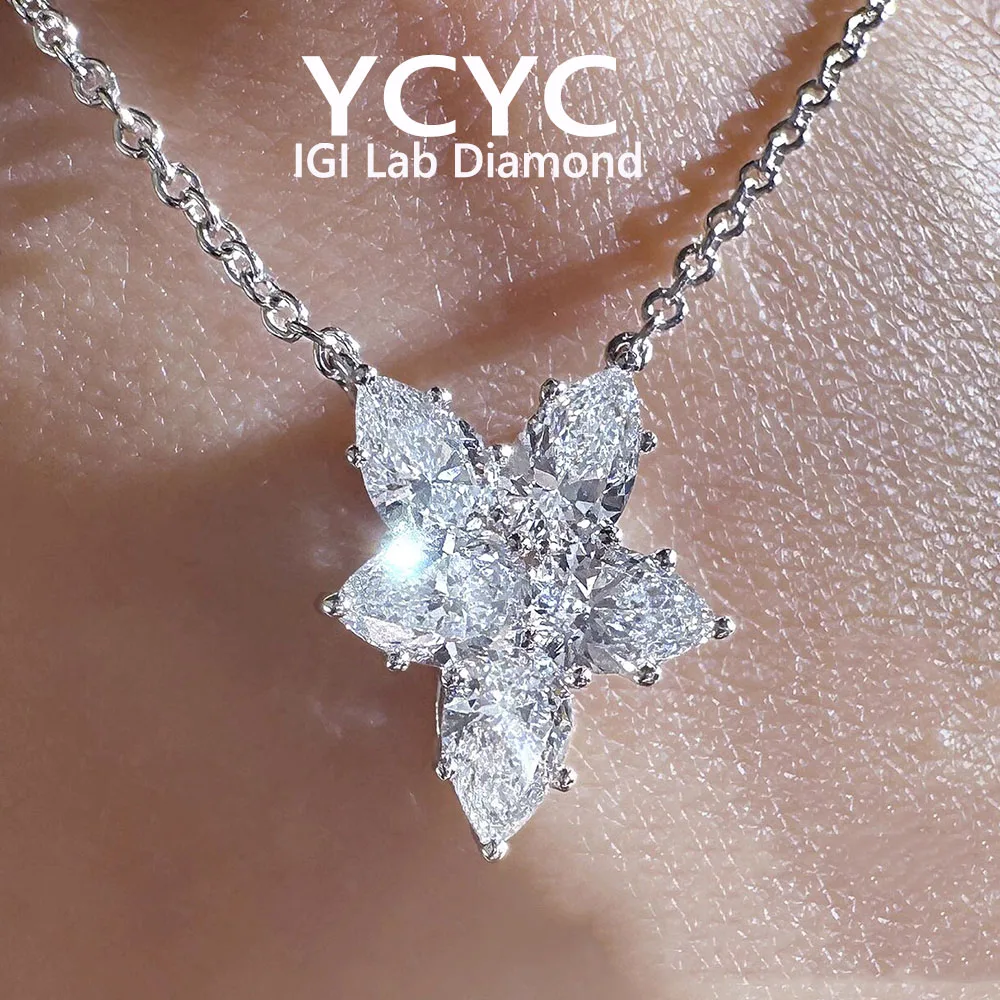 14k Gold White Necklace  5pcs Pear Cut IGI Lab Grown Diamond Dainty Necklace Pendant ﻿