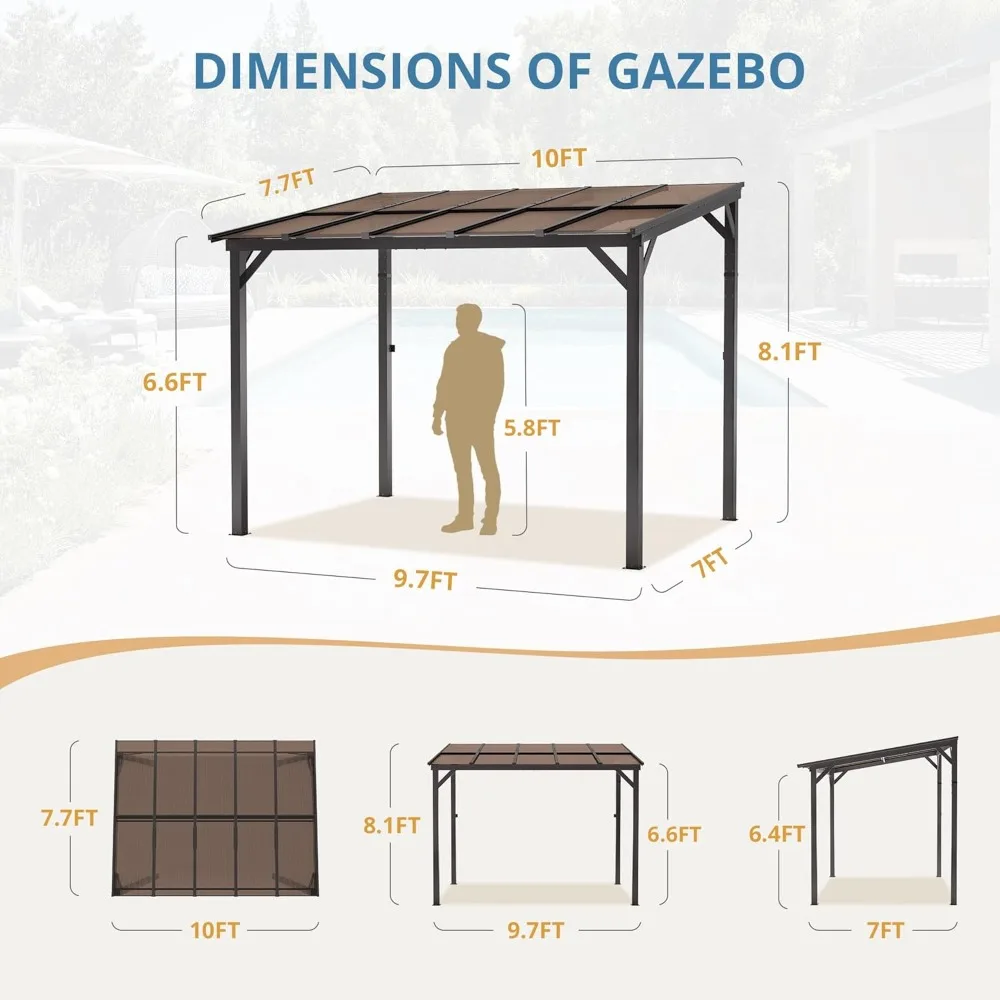 Gazebo de topo rígido de 8' x 10', estrutura de metal magro a pérgula, telhado do pavilhão do pátio, deck exterior do gazebo da montagem na parede, quintal