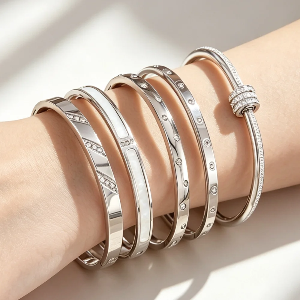 Silver Stackable Bangle Bracelets Set for Women Waterproof Stainless Steel Bangles Stacking Jewelry Gift