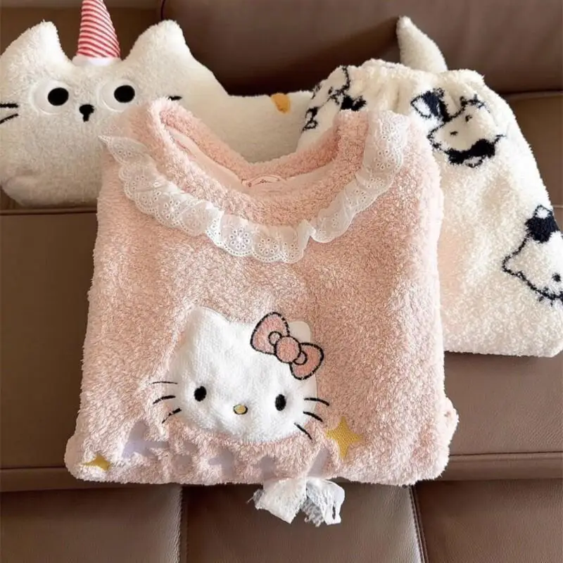 

Sanrio Hello Kitty пижамы милый флис шерпа новый утолщенный мультяшный милый женский зимний домашний уютный комплект одежды для дома с длинными рукавами