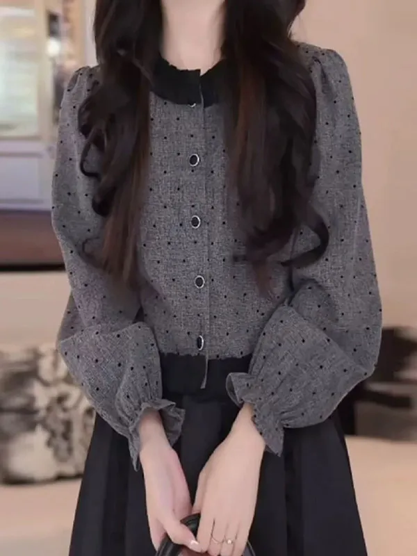 

Vintage Elegant Gray Polka Dot Blouse Tops O-neck Ruffle Trim Patchwork Shirt For Women Spring Office Casual Commuted Outfits