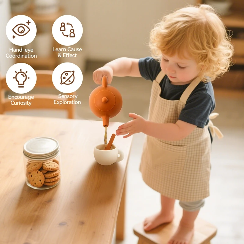Juego de té de la tarde Montessori, juguete para la dentición del bebé, cocina simulada, tetera de silicona, tazas de té, juguete para regalo de educación temprana infantil