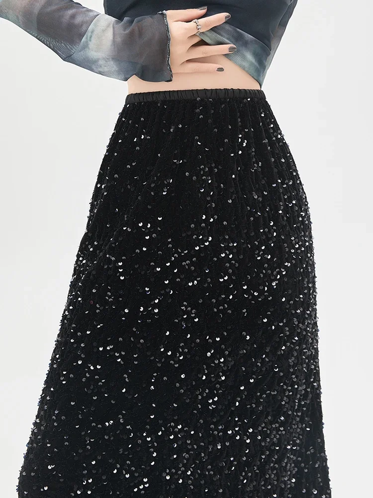 Spring Fashion Sequin Simple Office Ladies Loose Female Skirts Classic A-line Chicly Elastic High Waist Solid Color Women Skirts