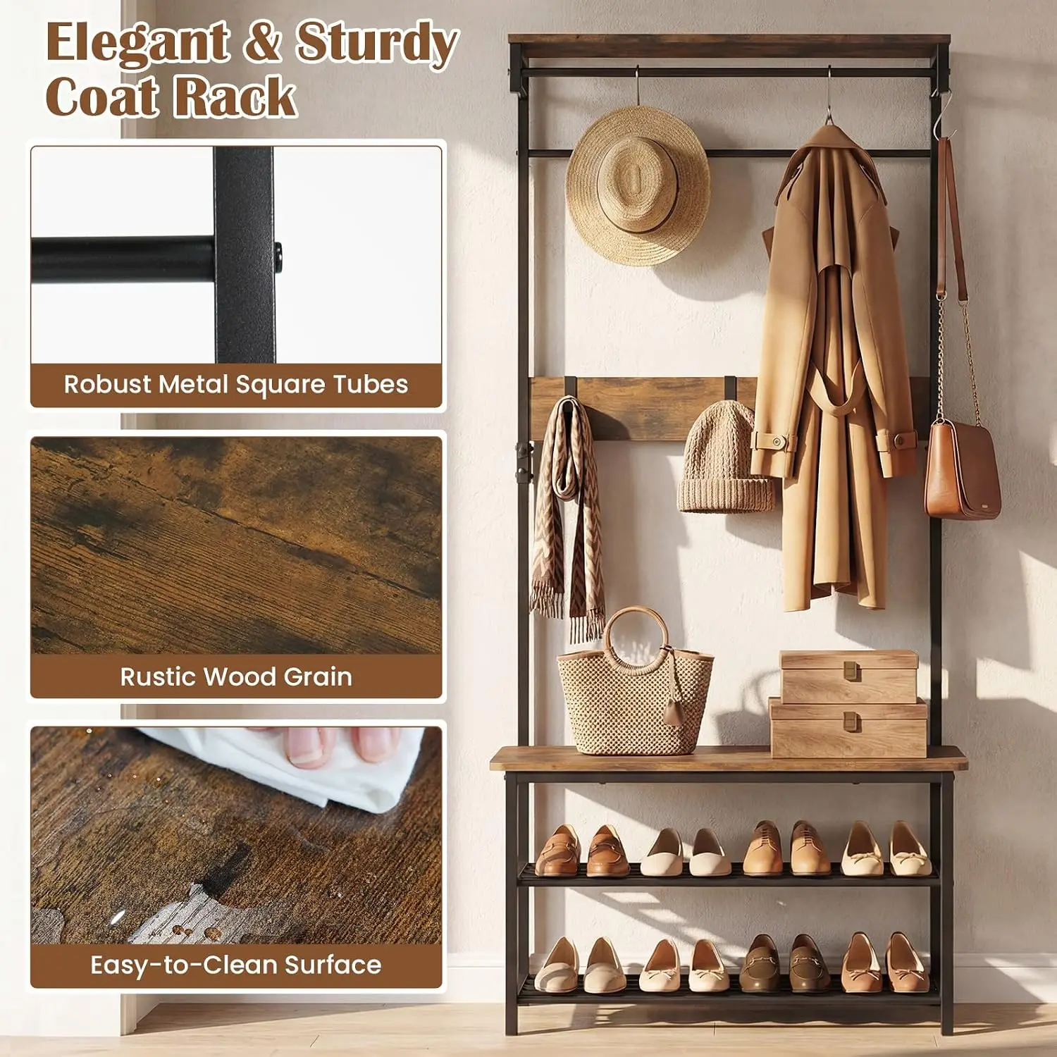 Hall Tree with Bench and Shoe Storage, 4-in-1 Industrial Coat Rack with 6 Removable Hooks, Hanging Rod & Top Shelf, Metal Freest