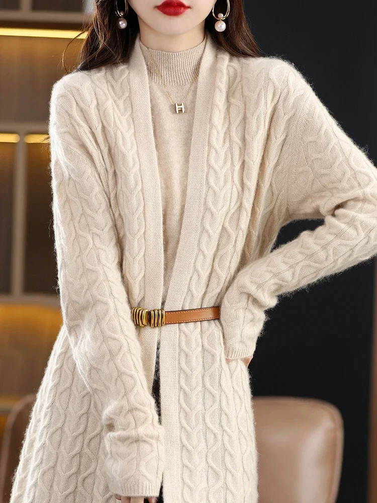 Cardigan da donna maglione di lana sopra il ginocchio 100% lana Merino twisted top autunno/inverno giacca pesante