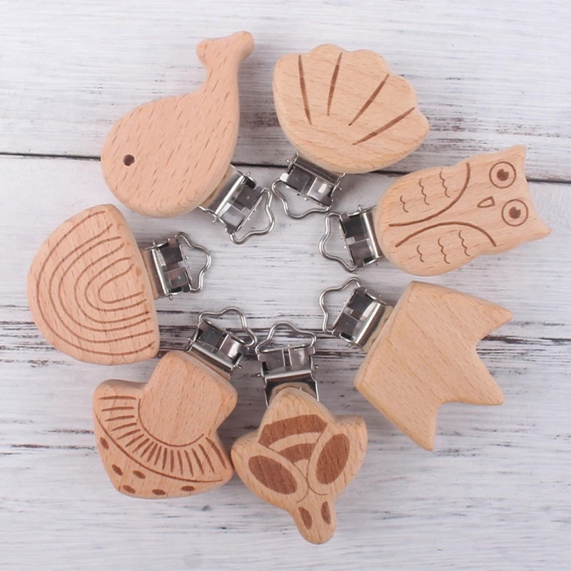 Suspender Pacifier Clips Natural Wood Cute Beech Wooden Animal Bee Shape Clips Charm DIY Beading Pacifier Chain A2UB