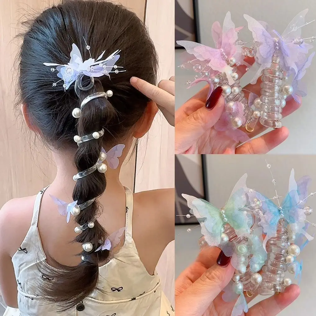 

Супермилые жемчужные резинки для волос в виде бабочек и спиралей, плетеные резинки-пружинки для девочек, эластичные резинки для волос, аксессуары для причесок