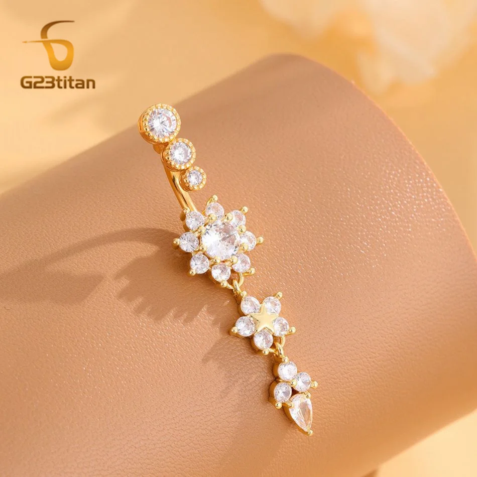 Women's Crystal Flower Navel Piercing Jewelry Body Dangle Barbell Bar Belly Button Ring 8mm 12mm 14mm 16mm Titanium Navel Curve view 5
