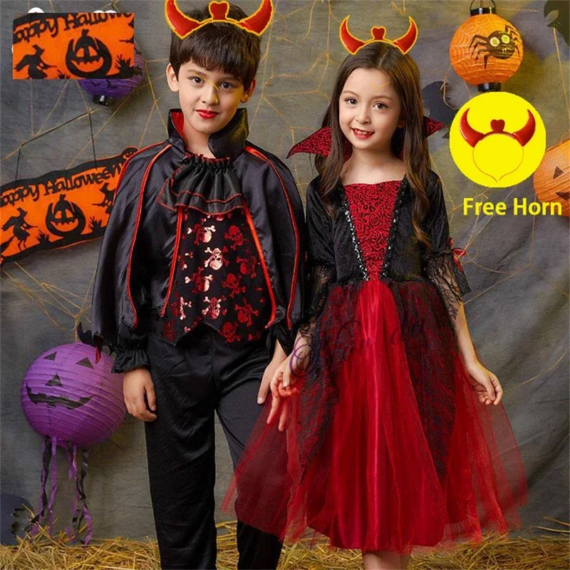 Halloween For Kids Boy Girls Gothic Costume Scarlet Witch Party Clothes Horns Fantasia Prince Vampire Cospla MN9