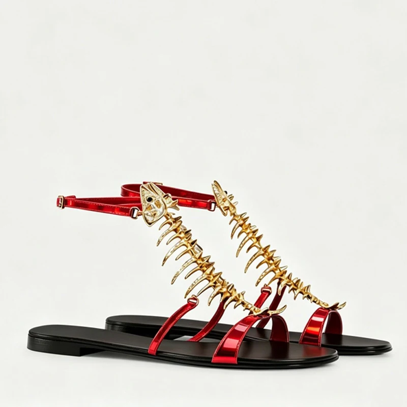 Fishbone Rhinestone Open Toe Rose Shaped Heel Sandals Woman Summer 2026 Round Toe Ankle Strap Flat Sandals Party Wedding Shoes