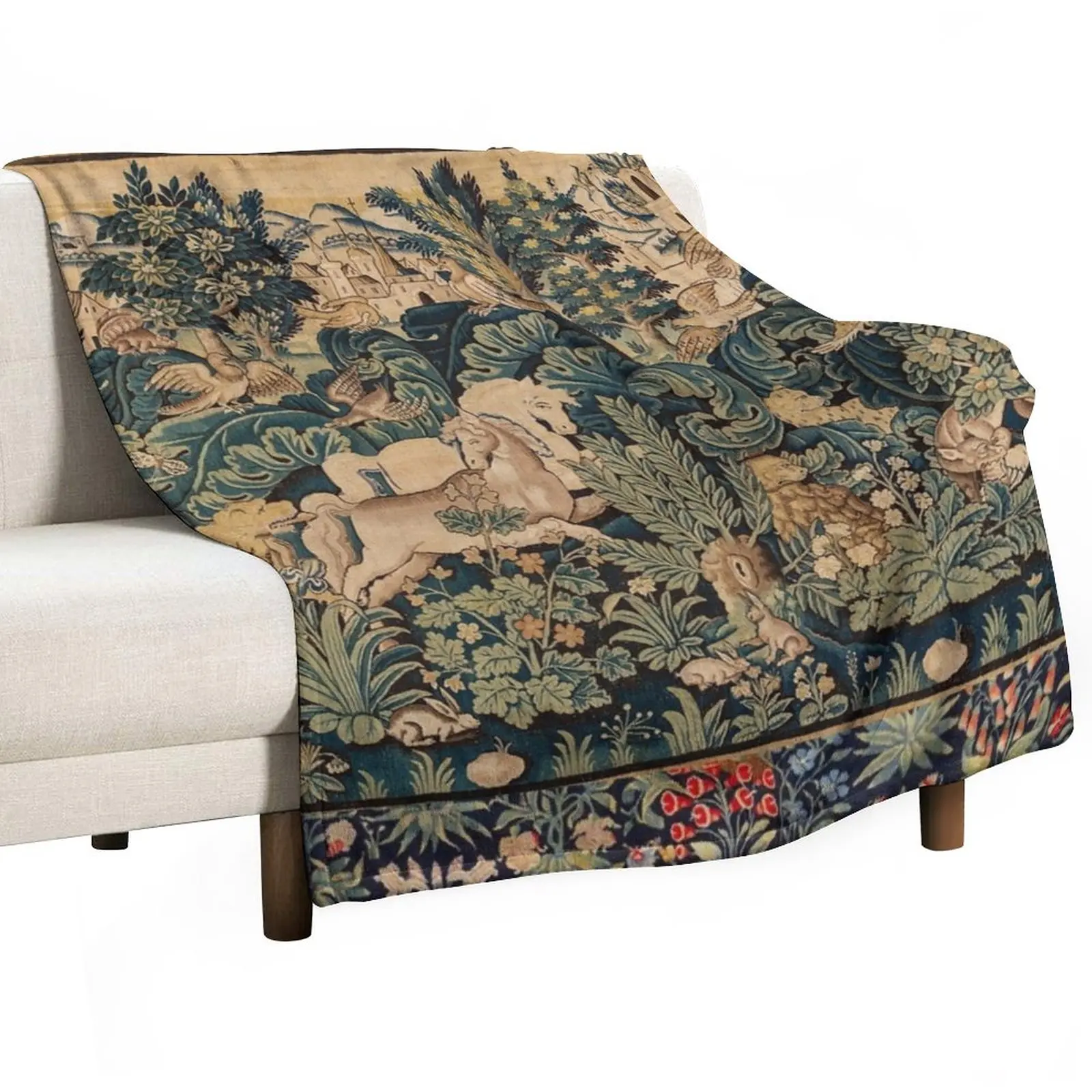 

FANTASTIC ANIMALS AND HORSES IN WOODLAND Blue Green Ivory Antique French Tapestry Throw Blanket Soft Big Blanket Travel Blanket