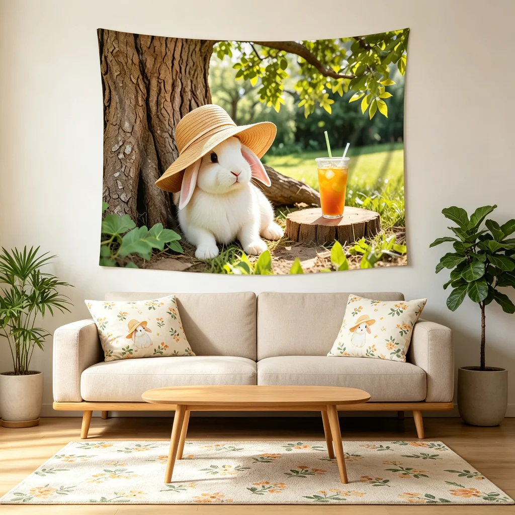1PC Bunny Straw Hat Summer Outdoor Print Backdrop Banner, Bedroom Living Room Photo Background, Polyester, Home Decor, Wall Art