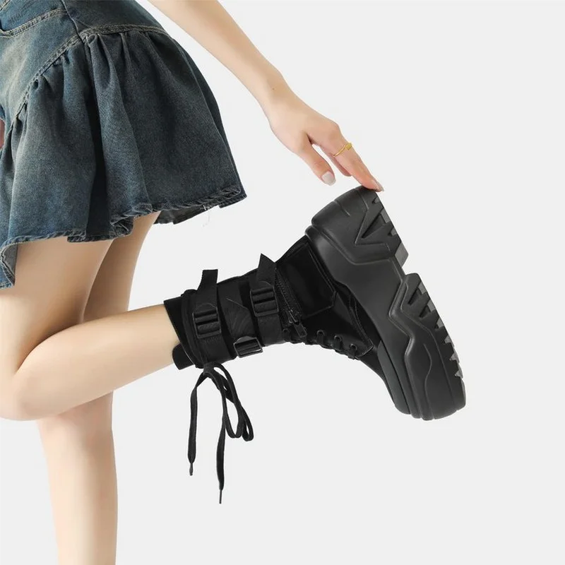Hot Fashion Women Chunky Platform Motorcycle Boots White Lace Up Thick Bottom Shoes Woman Autumn Winter Ankle Botas De Mujer - view 4